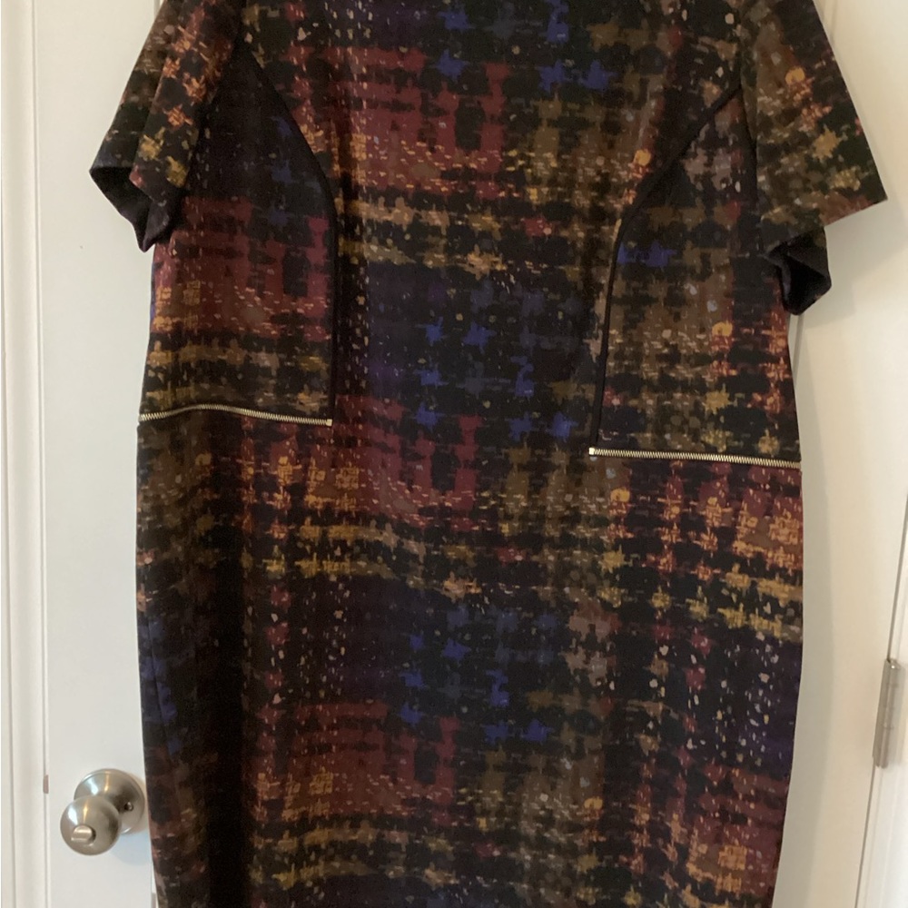 Tahari Multicolor Houndstooth-Style Midi Dress in Burgundy, Navy & Mustard